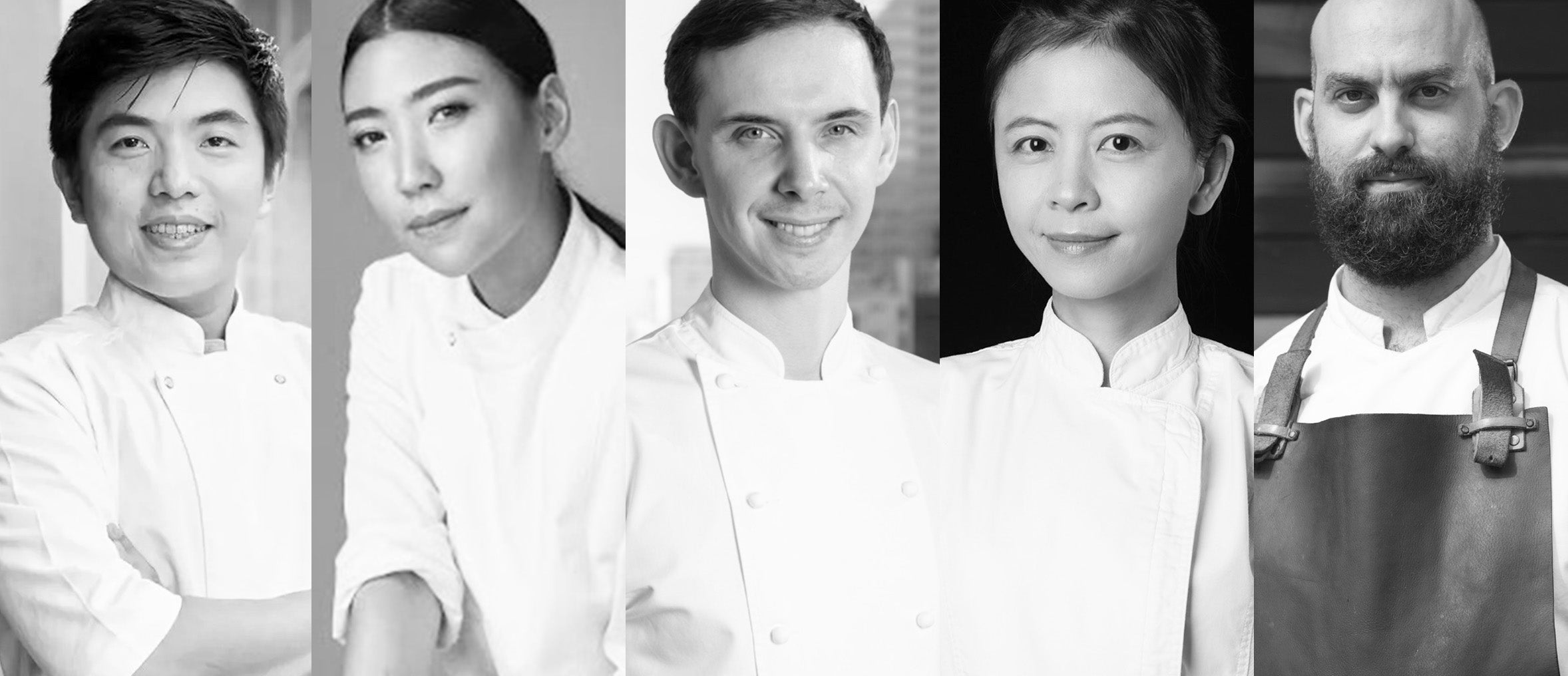 A black and white photo of five chefs.