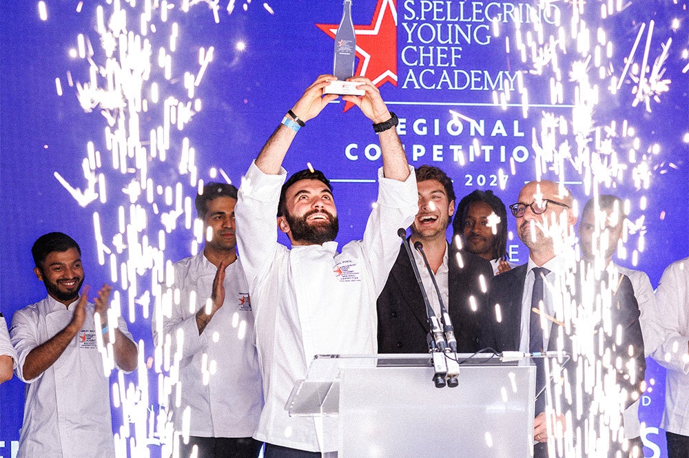 Vasyl Fysiuk celebrates winning the S.Pellegrino Young Chef Academy Award at the Regional Final.