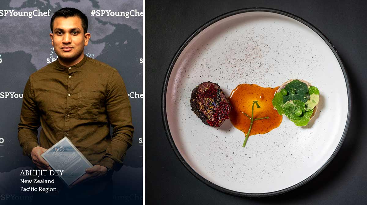 Abhijit Dey, Auckland, New Zealand, Pacific Region – “Horopito cured wild venison cooked over Kanuka wood, Karamu berries and feijoa cream with celeriac and Melson Valley saffron reduction”