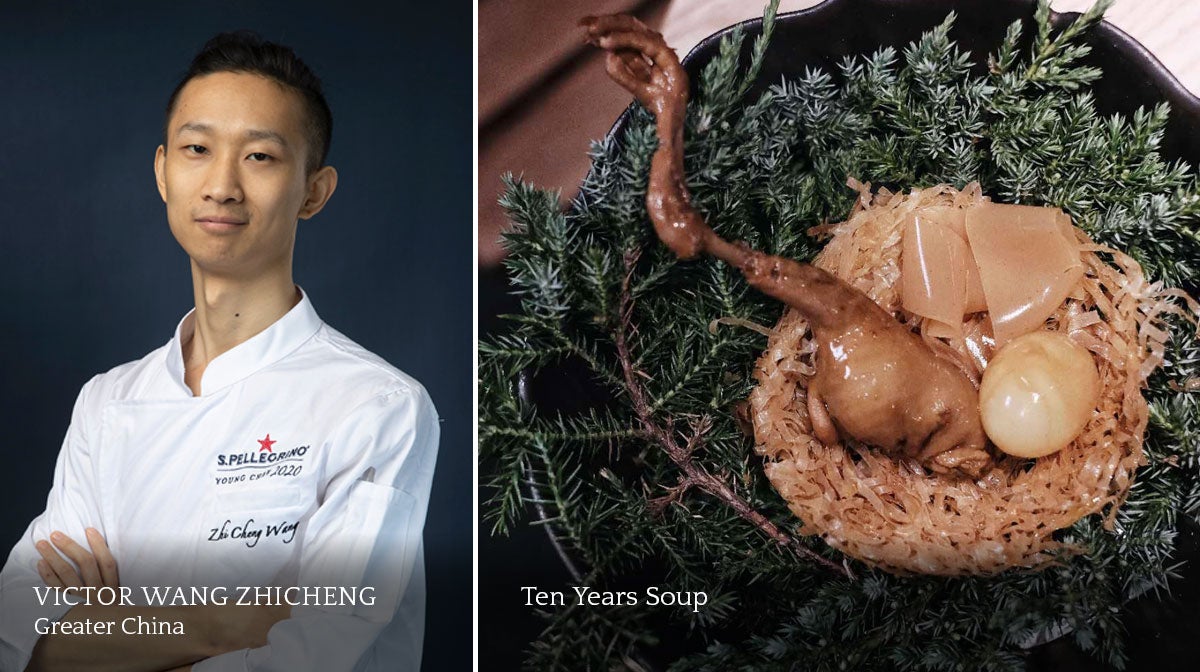 A composite image of a male chef and a plate of food.