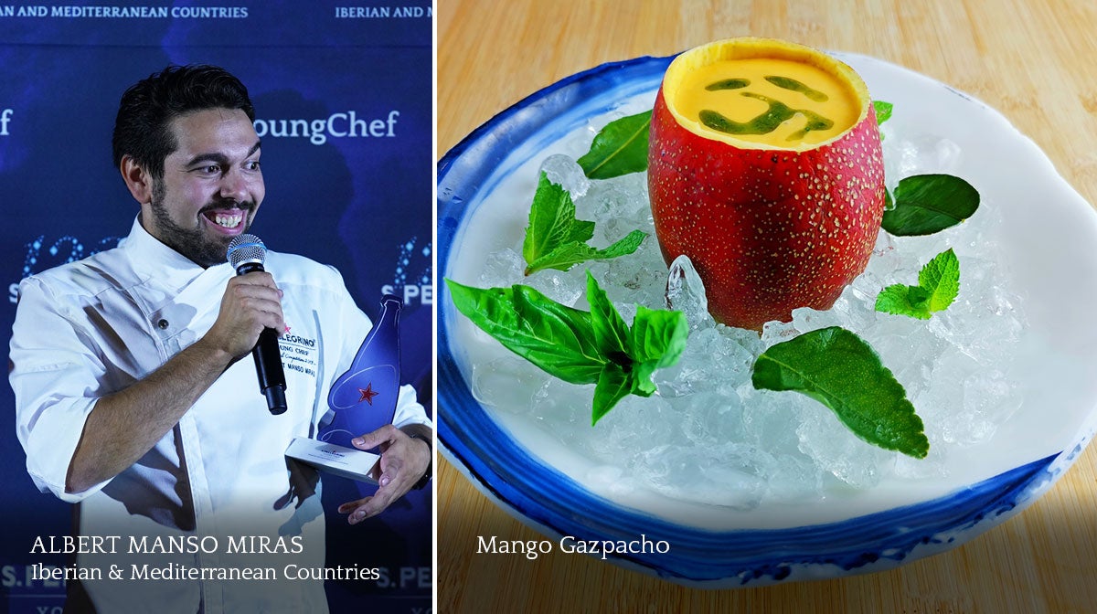 A composite image of a smiling male chef and a plate of food.