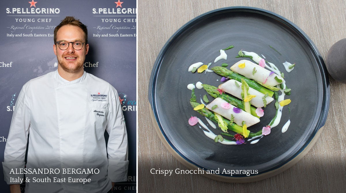 A composite image of a smiling male chef and a plate of food.