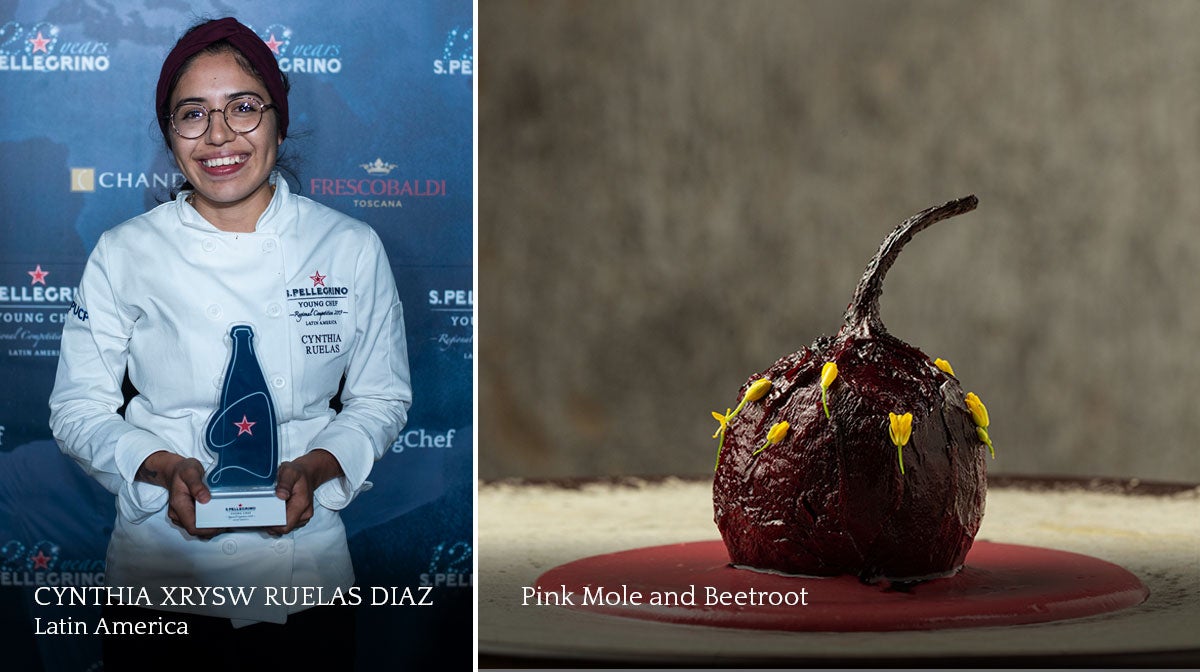 A composite image of a smiling female chef and a plate of food.