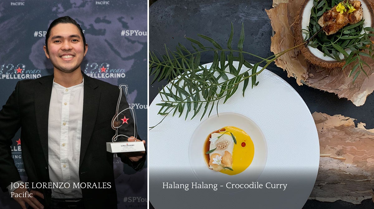 A composite image of a smiling male chef and a plate of food.