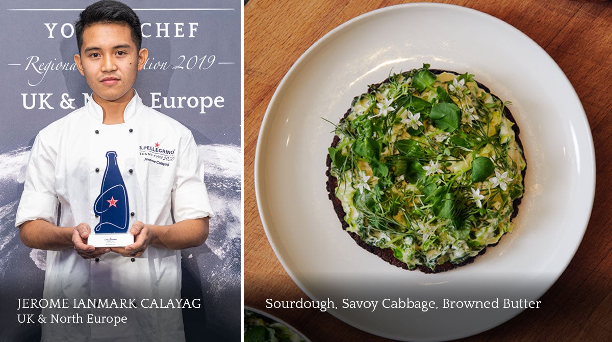 A composite image of a male chef and a plate of food.