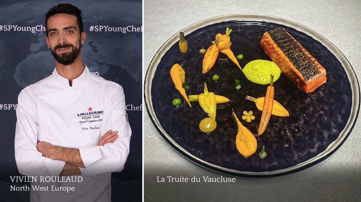 A composite image of a smiling male chef and a plate of food.