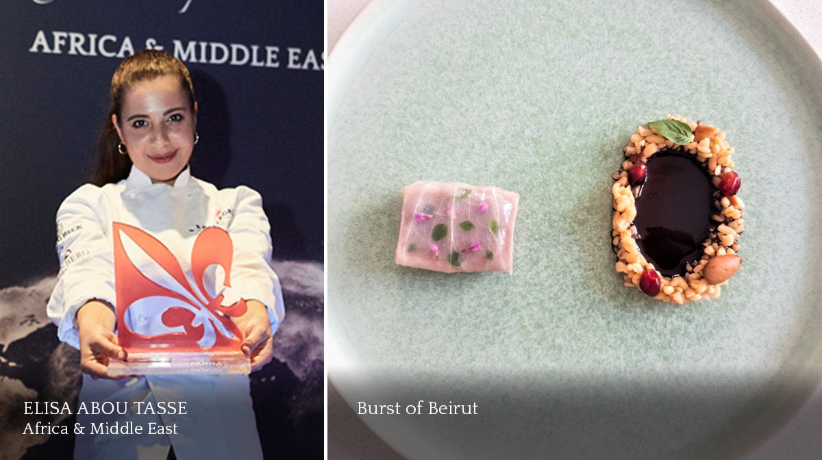 A composite image of a smiling female chef and a plate of food.