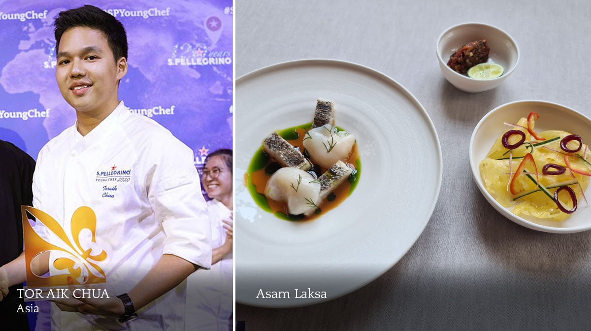 A composite image of a smiling male chef and a plate of food.