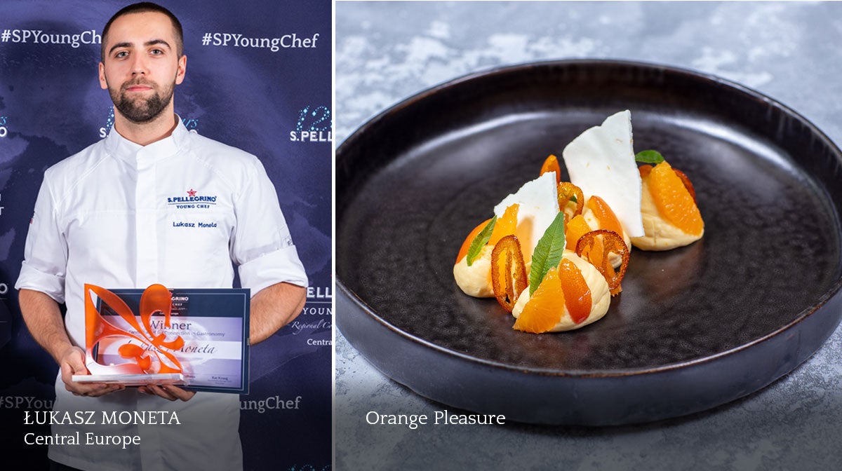 A composite image of a male chef and a plate of food.