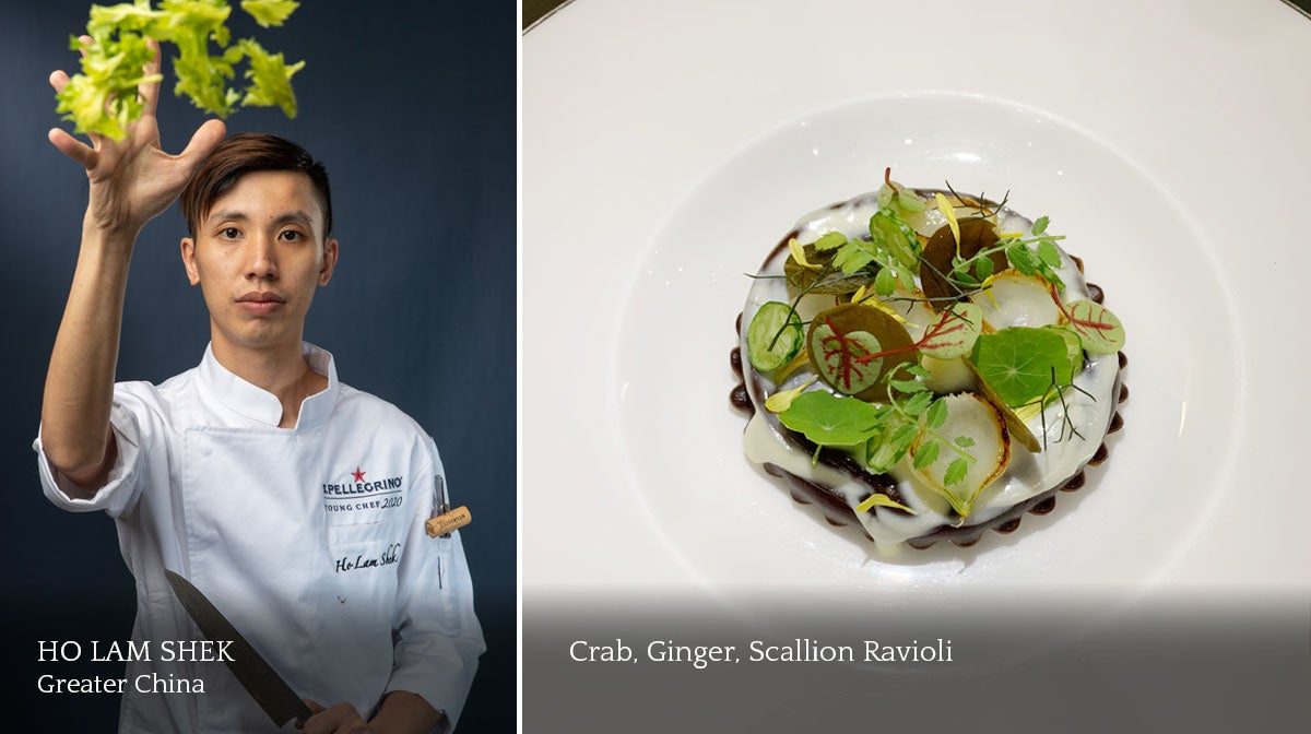 A composite image of a male chef and a plate of food.