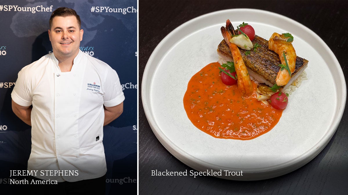 A composite image of a male chef and a plate of food.