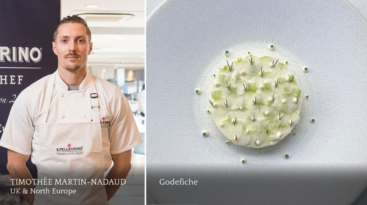 A composite image of a male chef and a plate of food.