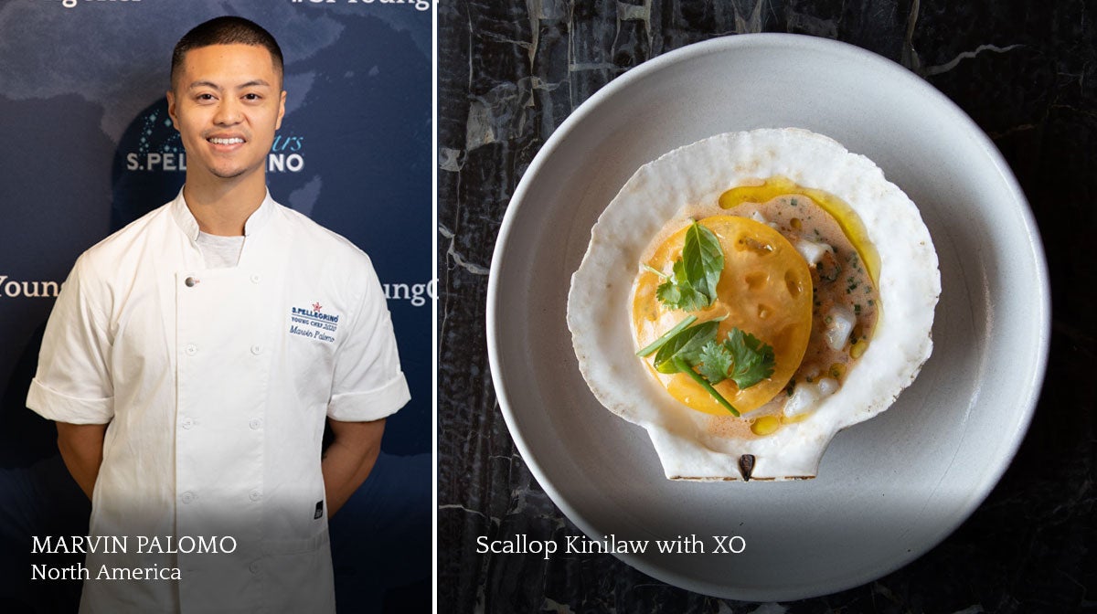 A composite image of a smiling male chef and a plate of food.