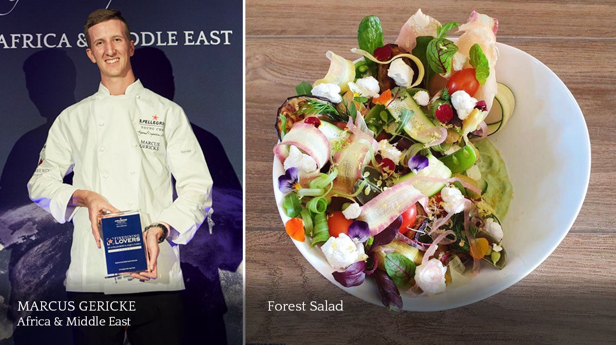 A composite image of a smiling male chef and a plate of food.