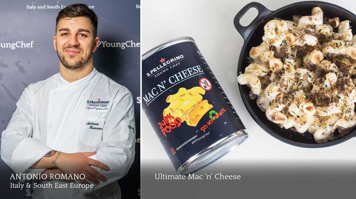 A composite image of a smiling male chef and a plate of food.