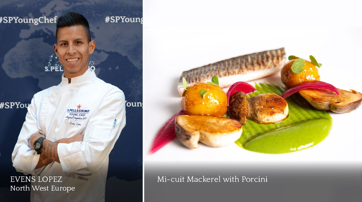 A composite image of a smiling male chef and a plate of food.