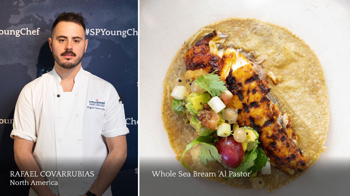 A composite image of a male chef and a plate of food.