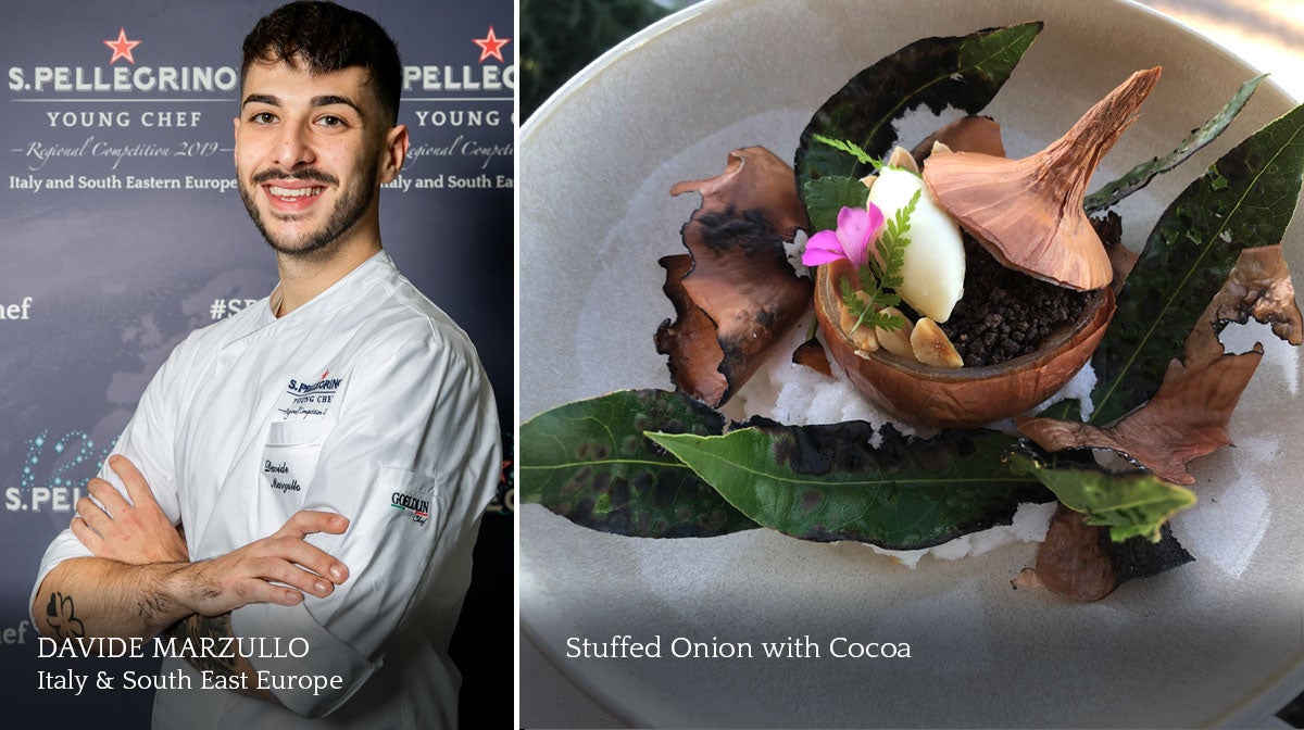 A composite image of a smiling male chef and a plate of food.