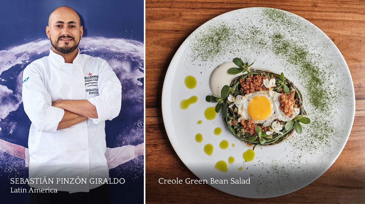 A composite image of a male chef and a plate of food.