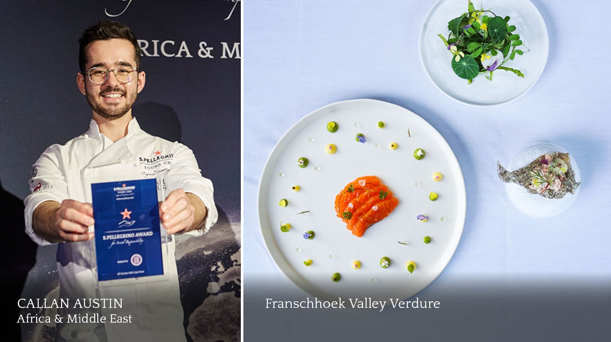 A composite image of a smiling male chef and a plate of food.