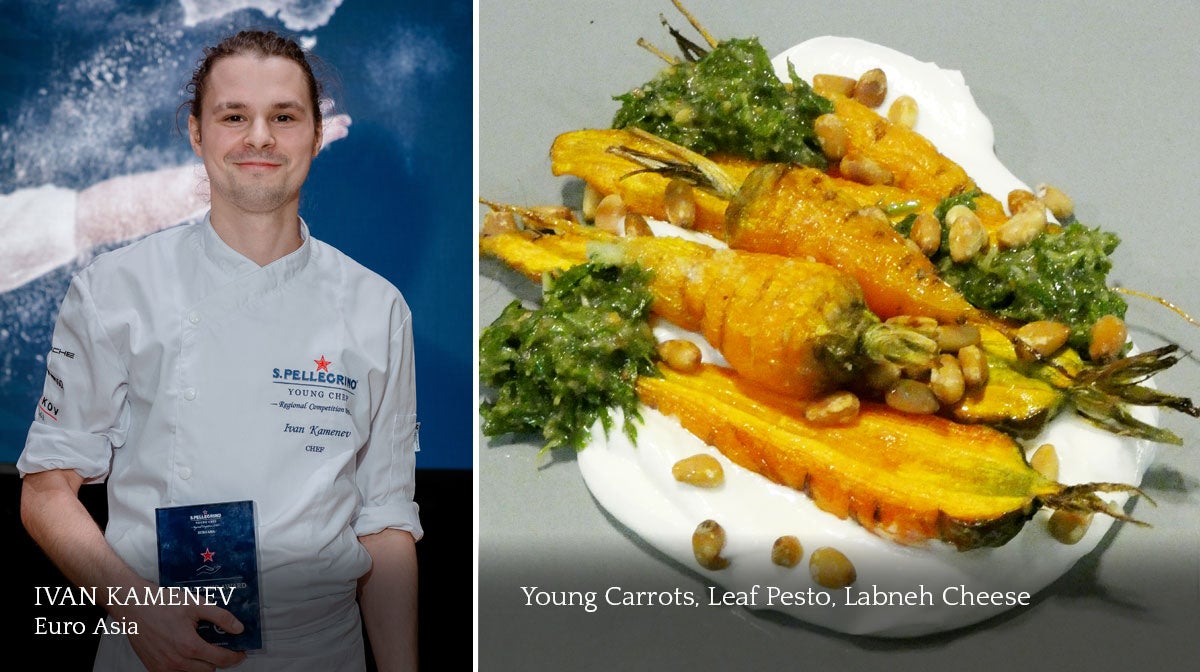 A composite image of a male chef and a plate of food.