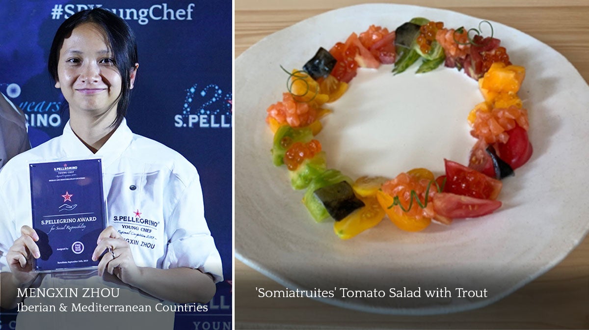 A composite image of a female chef and a plate of food.