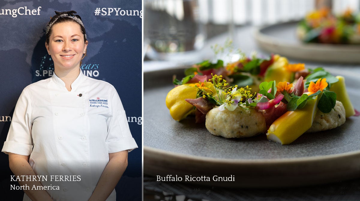 A composite image of a smiling female chef and a plate of food.