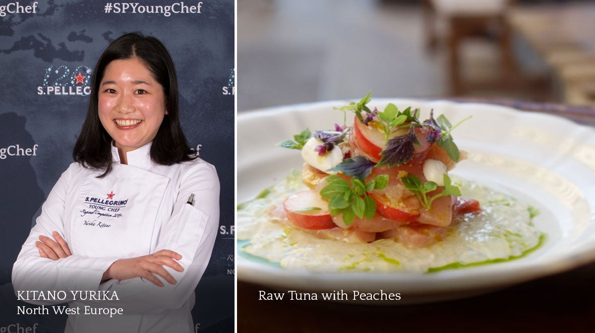 A composite image of a smiling female chef and a plate of food.