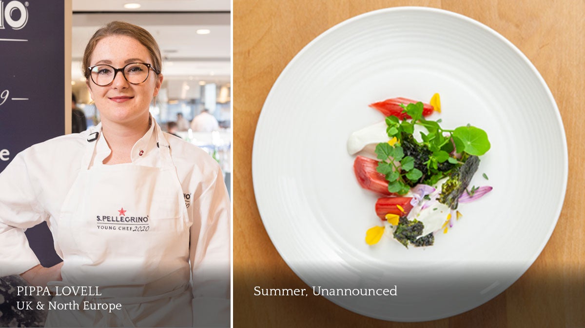 A composite image of a female chef and a plate of food.