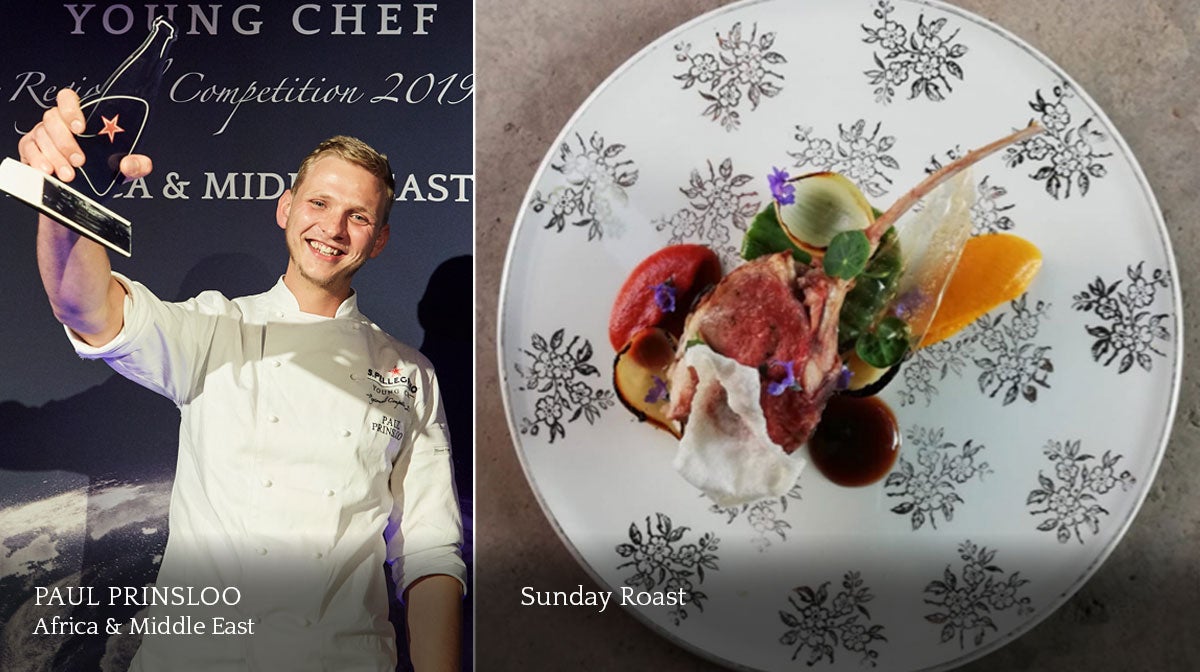 A composite image of a smiling male chef and a plate of food.