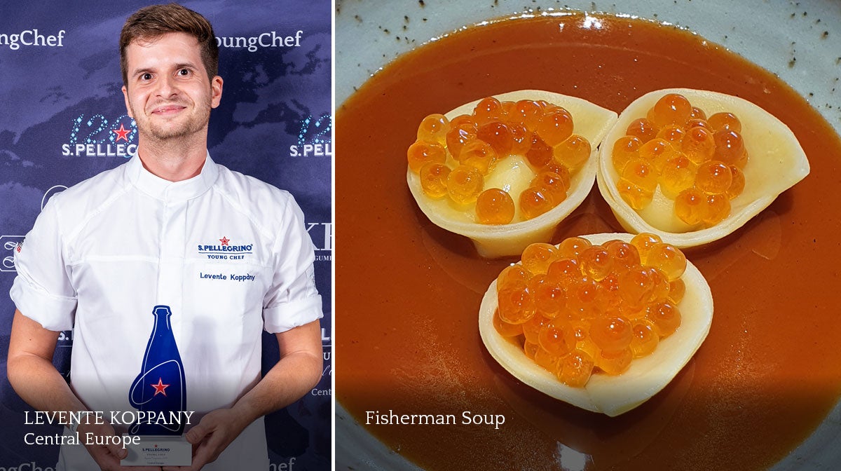 A composite image of a male chef and a plate of food.