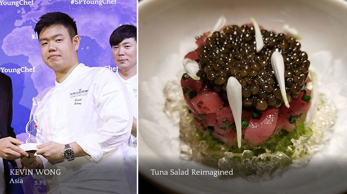 A composite image of a male chef and a plate of food.