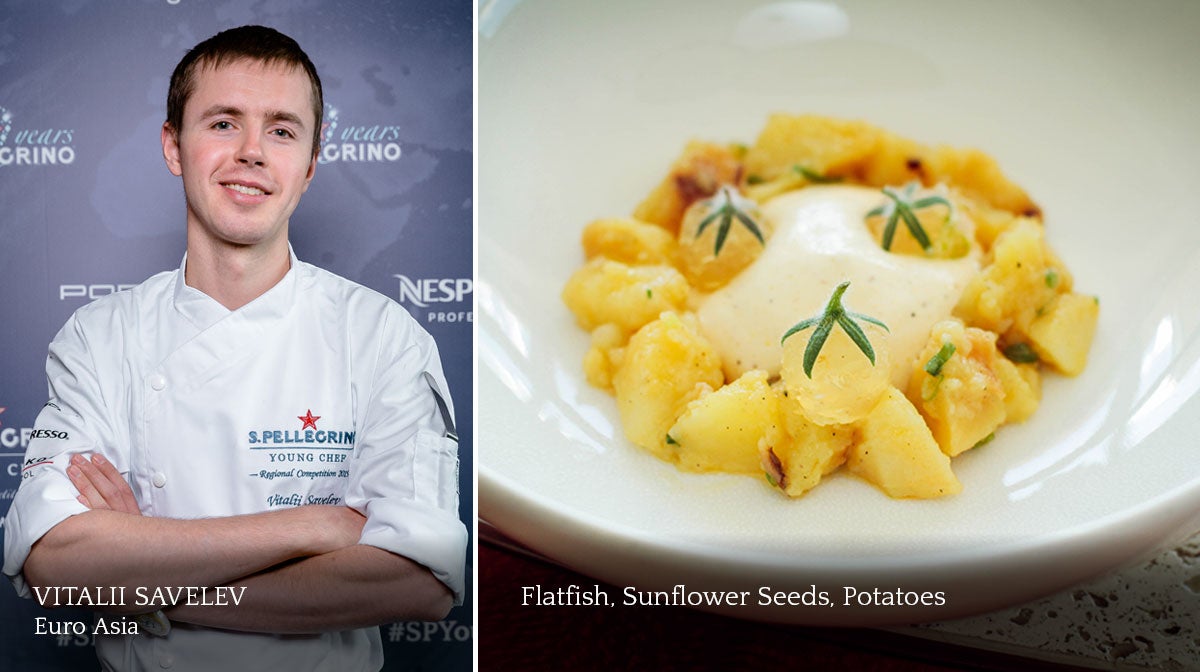 A composite image of a smiling male chef and a plate of food.