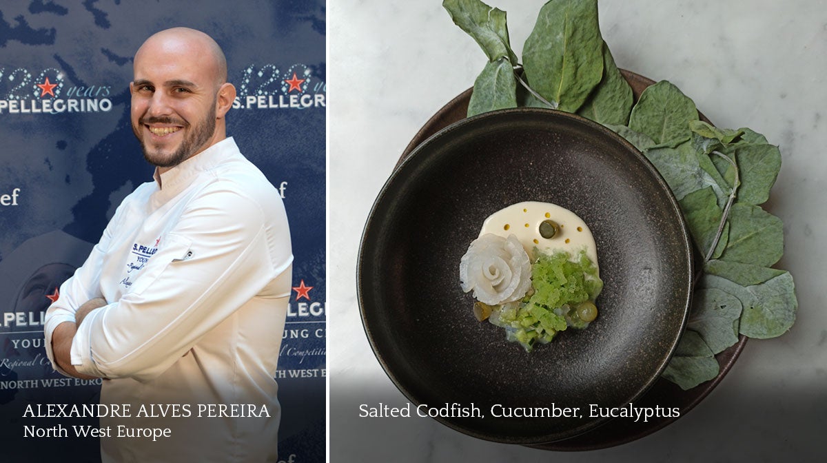 A composite image of a smiling male chef and a plate of food.